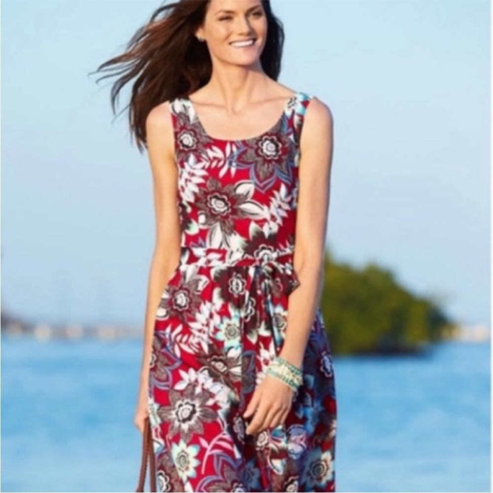 Talbots Red Bold Floral Sleeveless Scoop Neck Belted Tie Waist Cotton Pockets